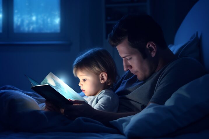 Oče in otrok bereta knjigo v postelji.