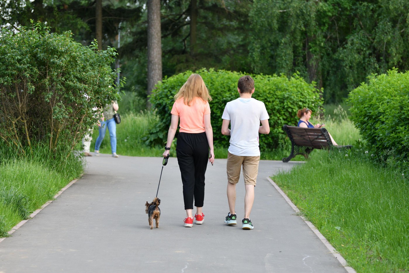najstnika se sprehajata v parku skupaj s psom